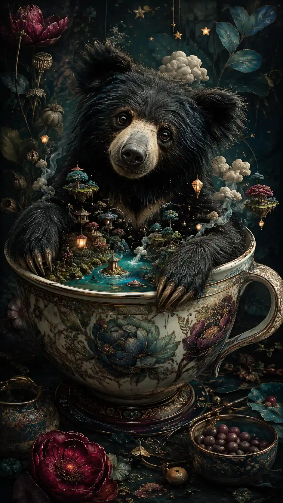 Adorabile orso labiato rannicchiato in una raffinata tazza di porcellana