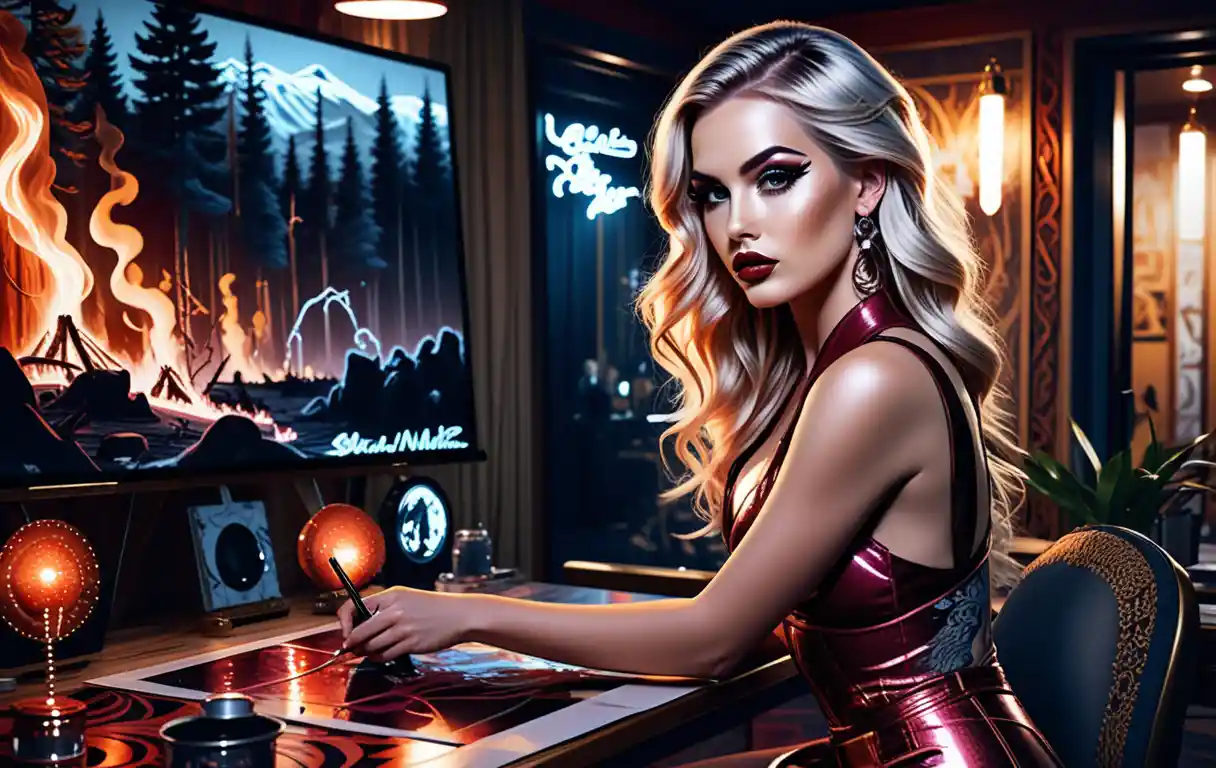 Blonde painter in neon studio working on forest fire canvas