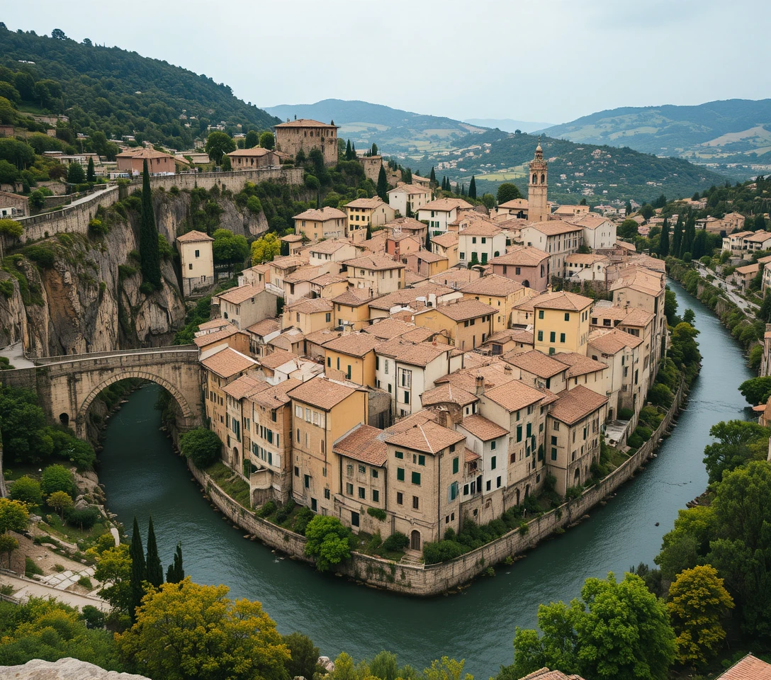 Aerial view of a medieval riverside village in soft light