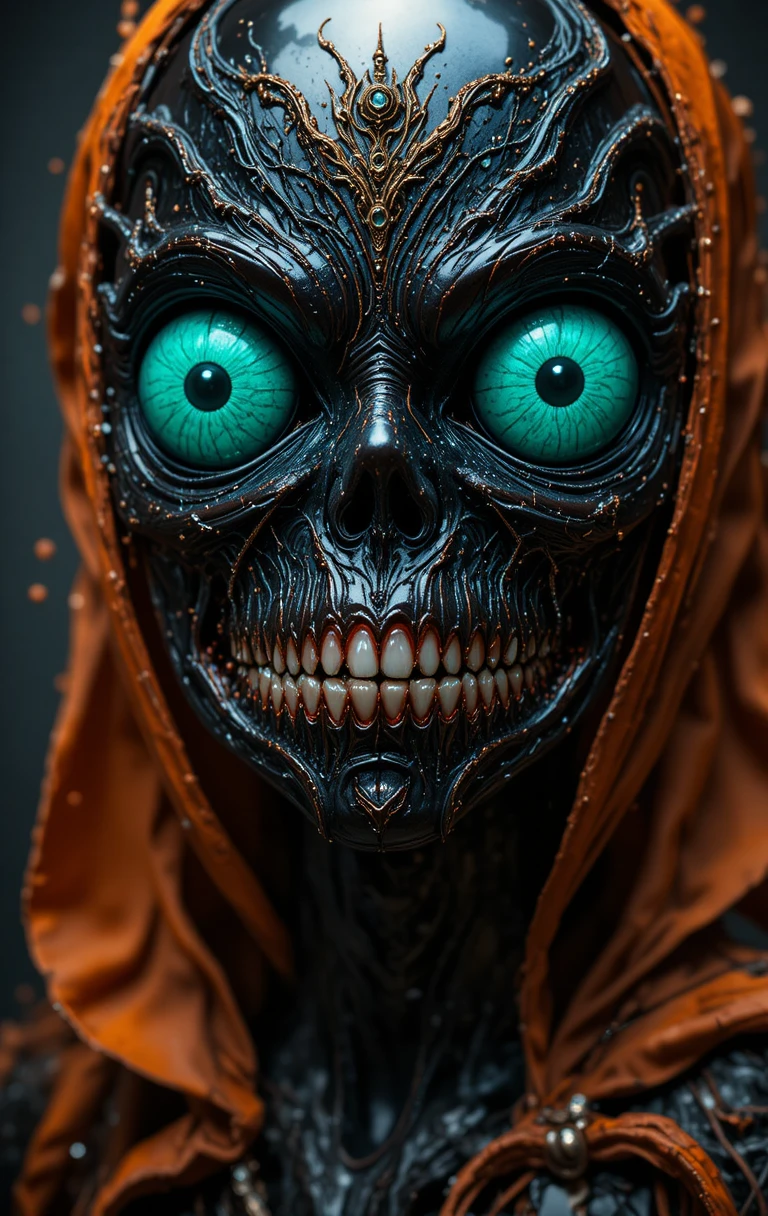 Creepy monster with mint green eyes and metallic body