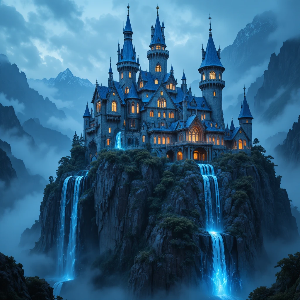 Majestic Fantasy Castle Above A Misty Mountain Gorge