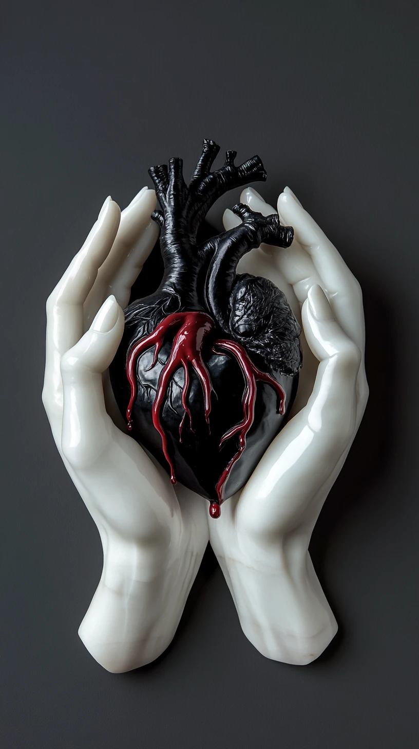 Marble hands forming a heart around a bleeding stone heart