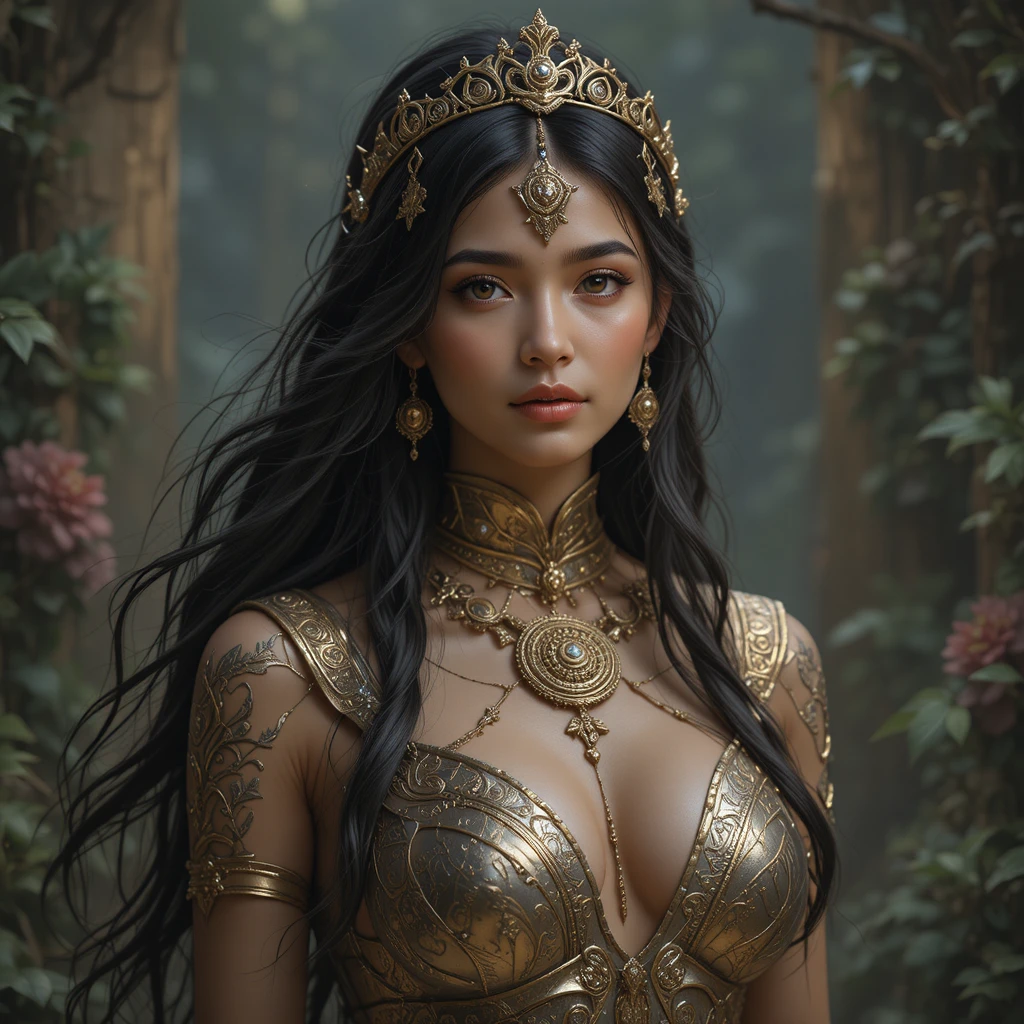 身穿閃耀冒險服的奇幻女子置身猴子樹之中