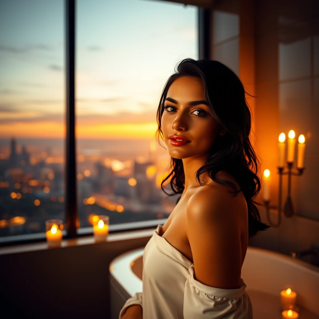 Serene woman in candlelit bathroom with dusk city view