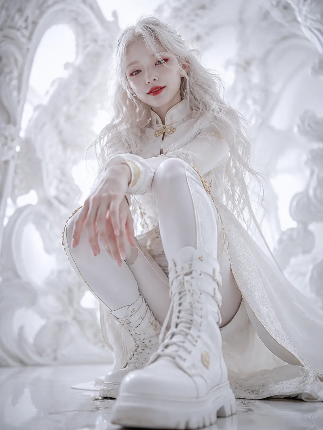Albino woman in white outfit smiling from worm eye view