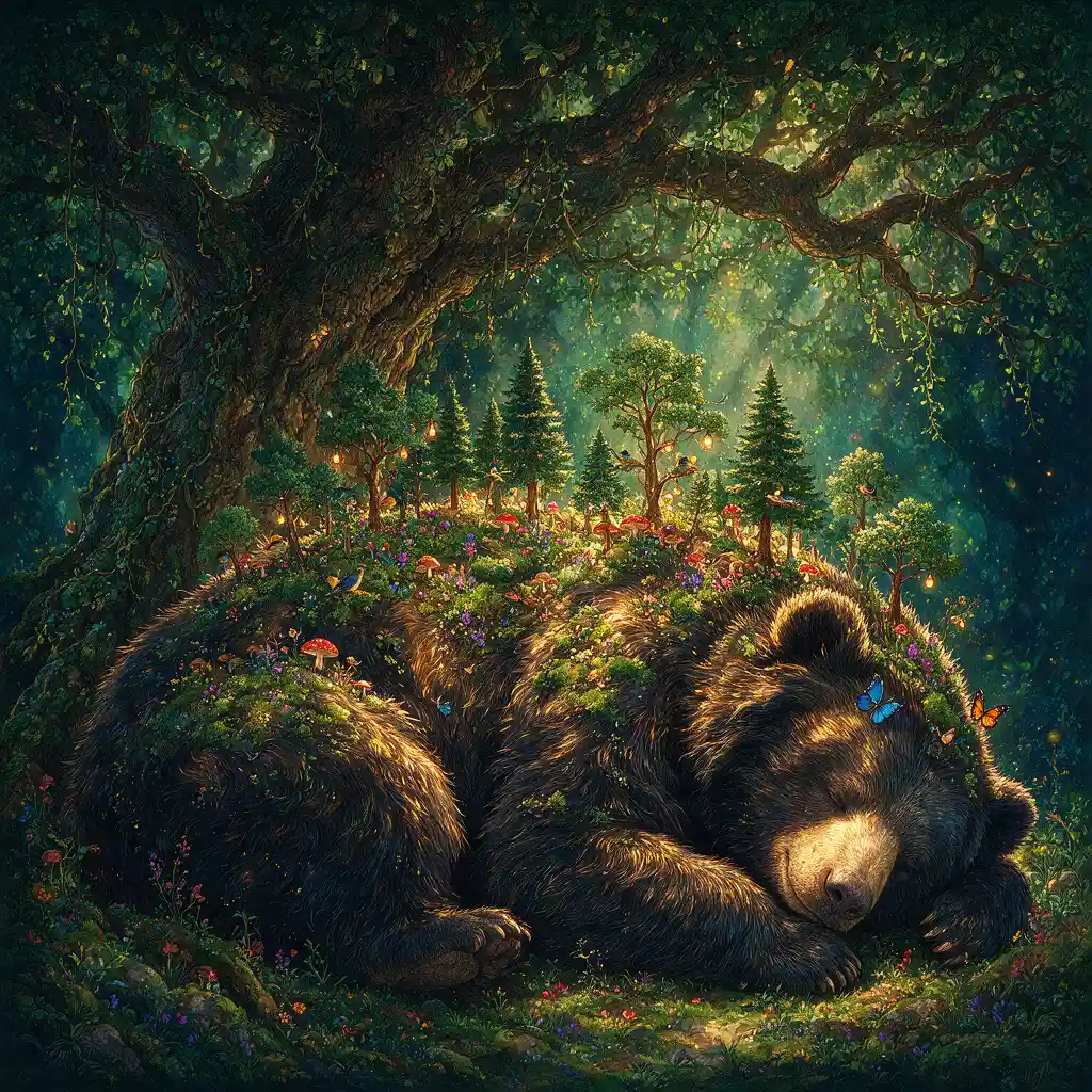 Orso labiato addormentato con una piccola foresta incantata sulla schiena