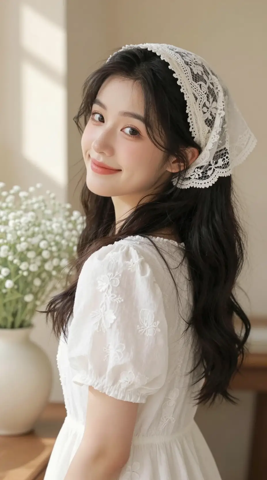 戴白色蕾絲頭巾的年輕女子柔和肖像