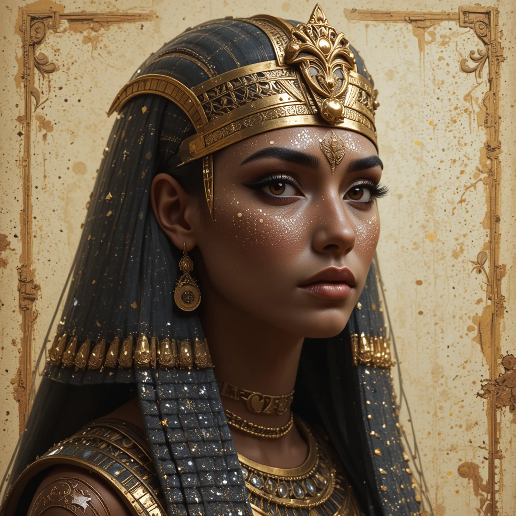 Ancient Egyptian queen portrait with golden crown and signature