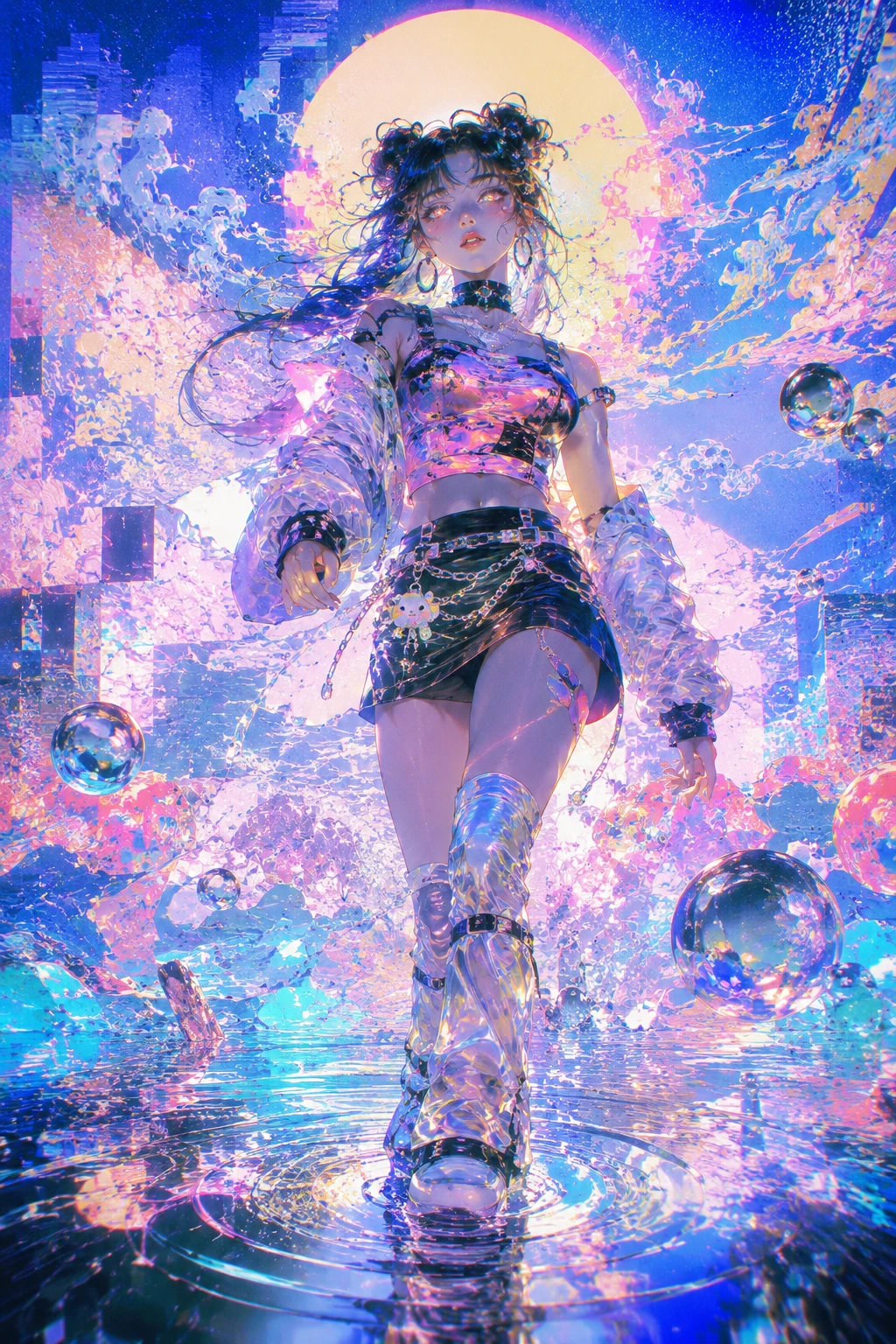 Ethereal woman walking through a shifting neon dreamscape