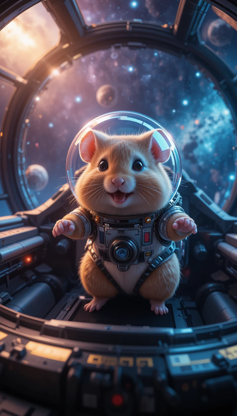 Cute hamster captain in a sci fi spaceship cockpit
