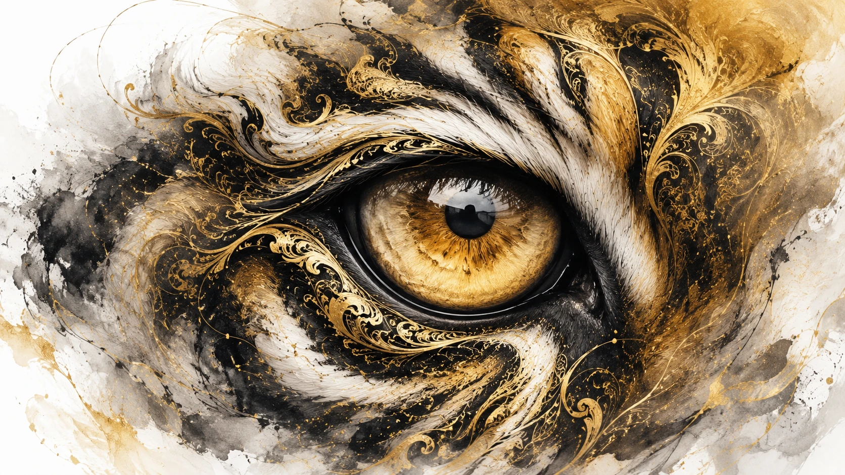 Close up fantasy tiger eye with gold and black patterns