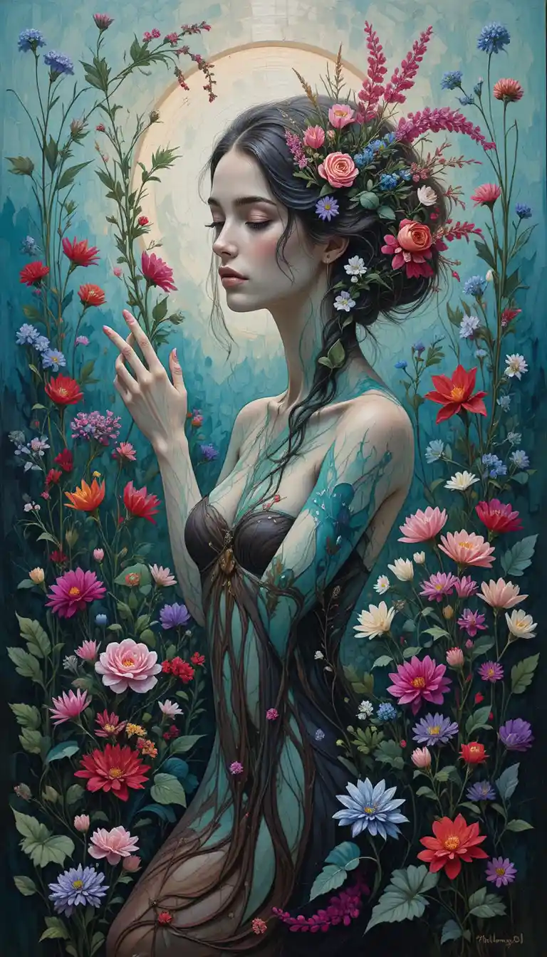 Woman gently touching foliage in a lush floral garden