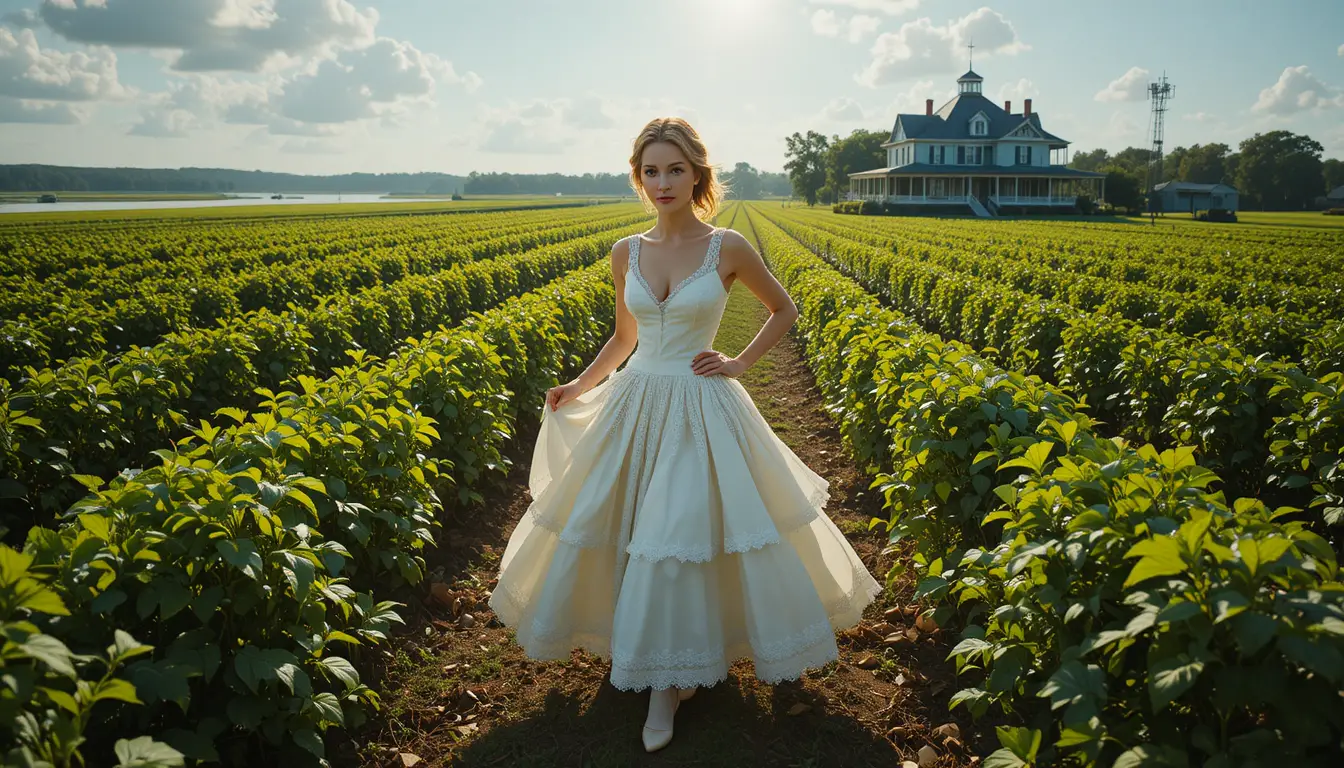 Sensual creole woman in white gown above sugarcane fields