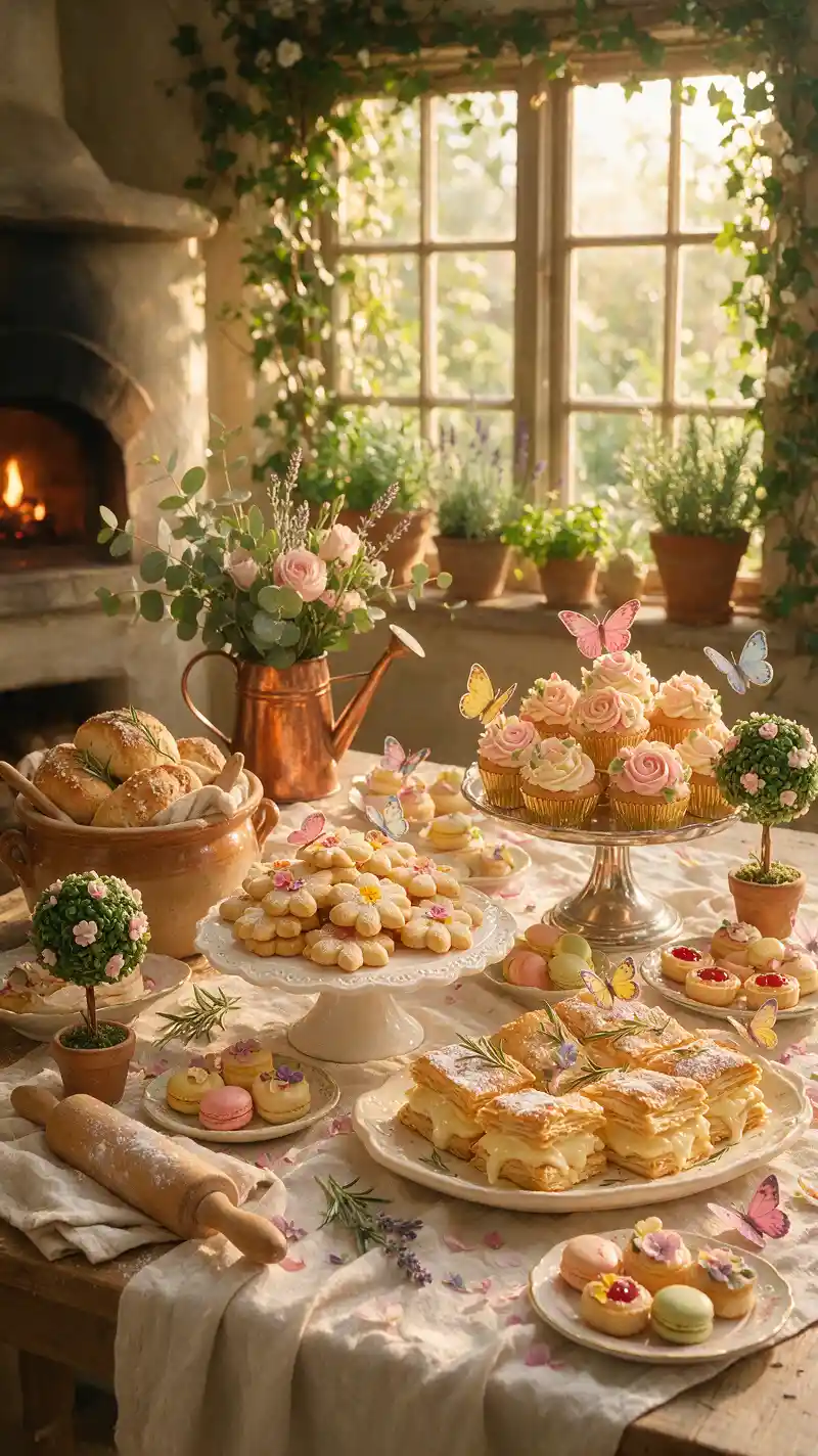 Garden inspired dessert table in soft morning window light