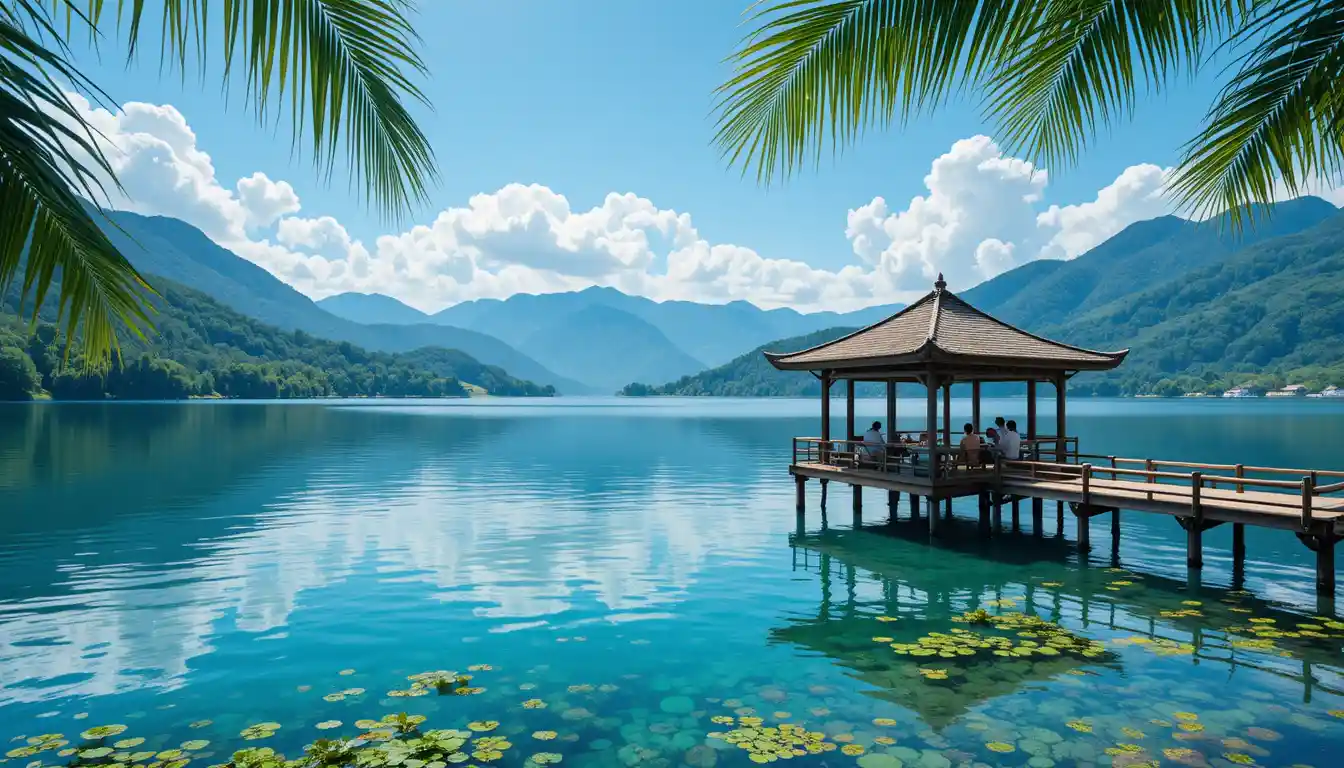 Tranquil gazebo on wooden pier over clear mountain lake