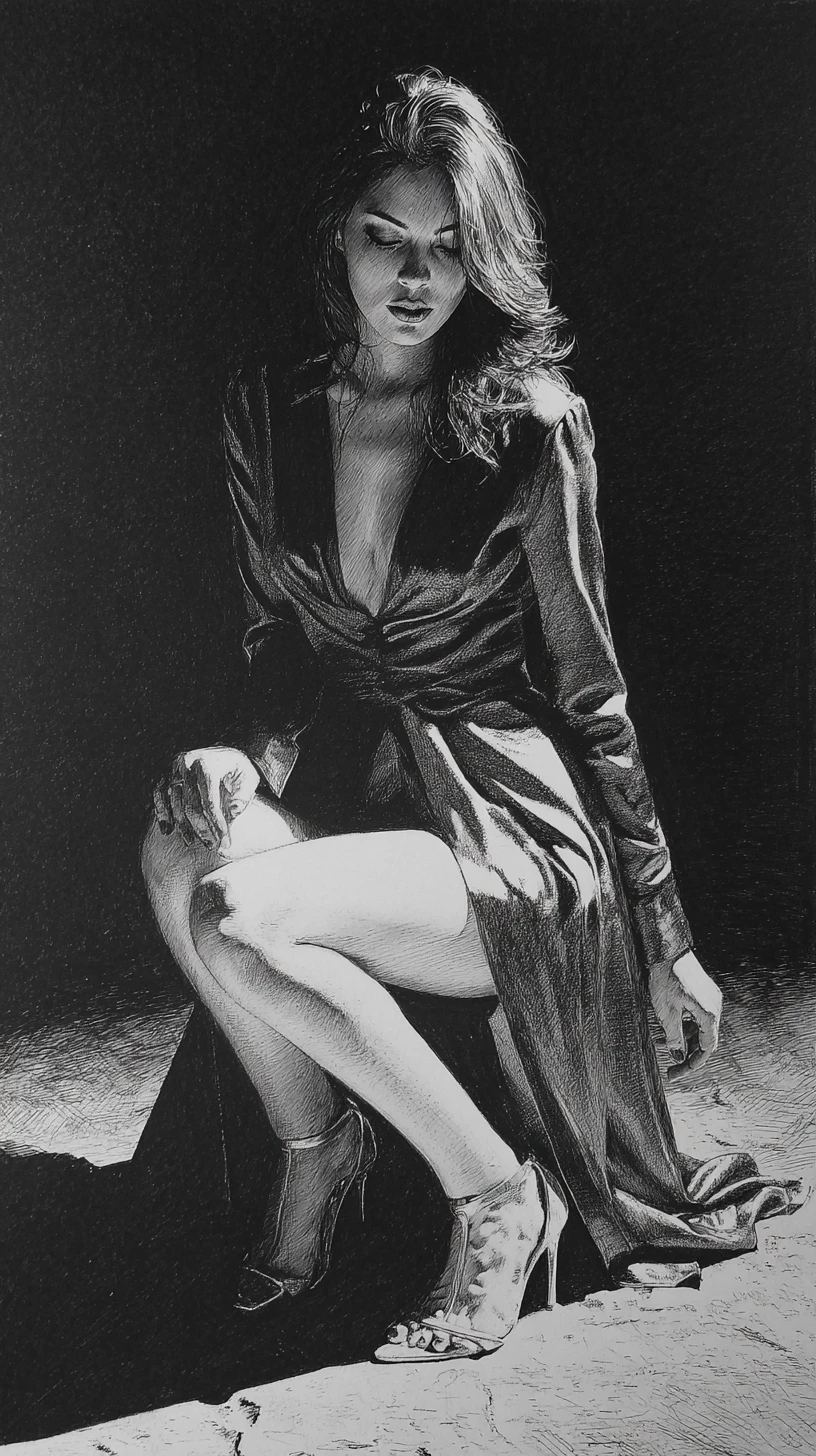 Elegant woman crouching in chiaroscuro graphite night scene