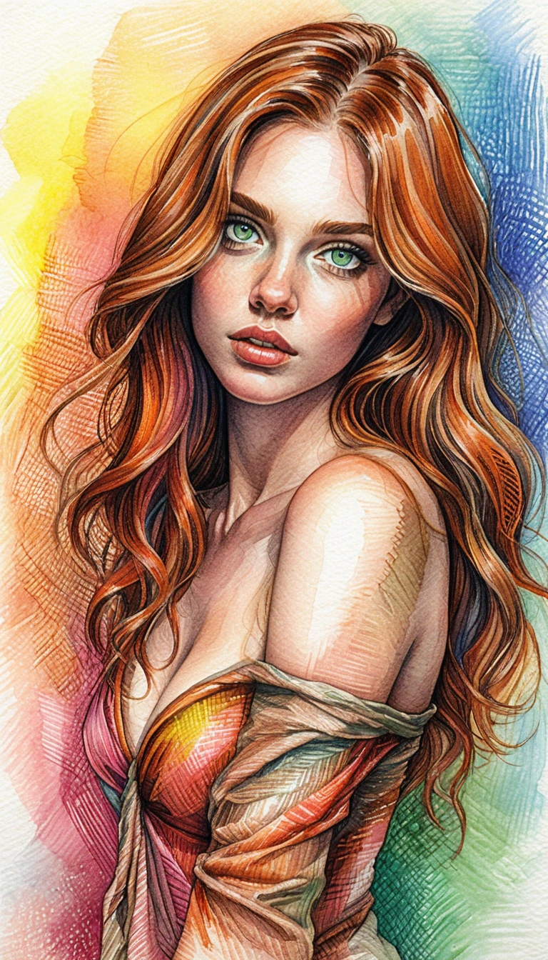 Colored pencil portrait of a woman with green eyes