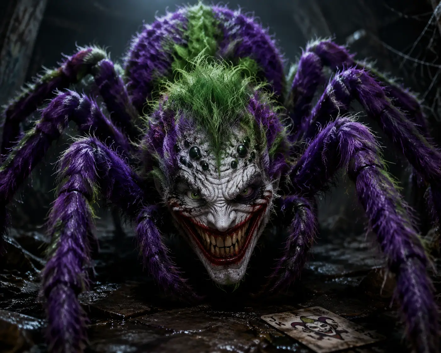 Hairy Spider Monster With Demonic Grin In Purple And Green Fur