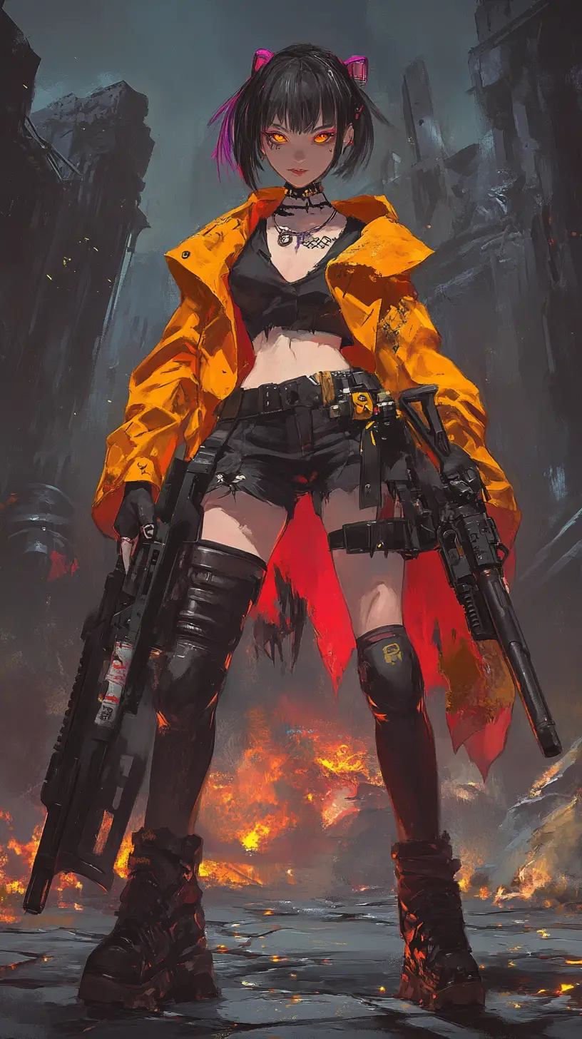 Anime girl in fiery outfit with rifle and yellow eyes