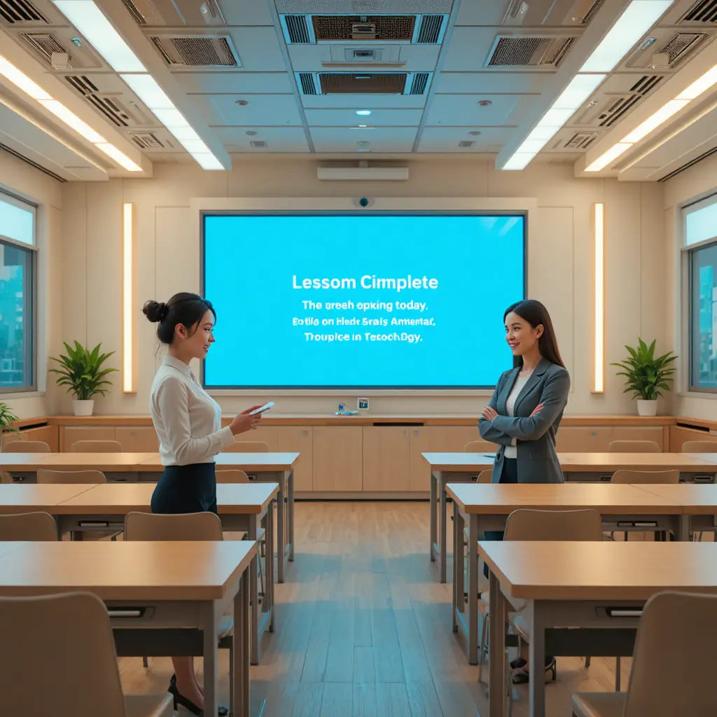 Futuristic English classroom with teacher and beginner student