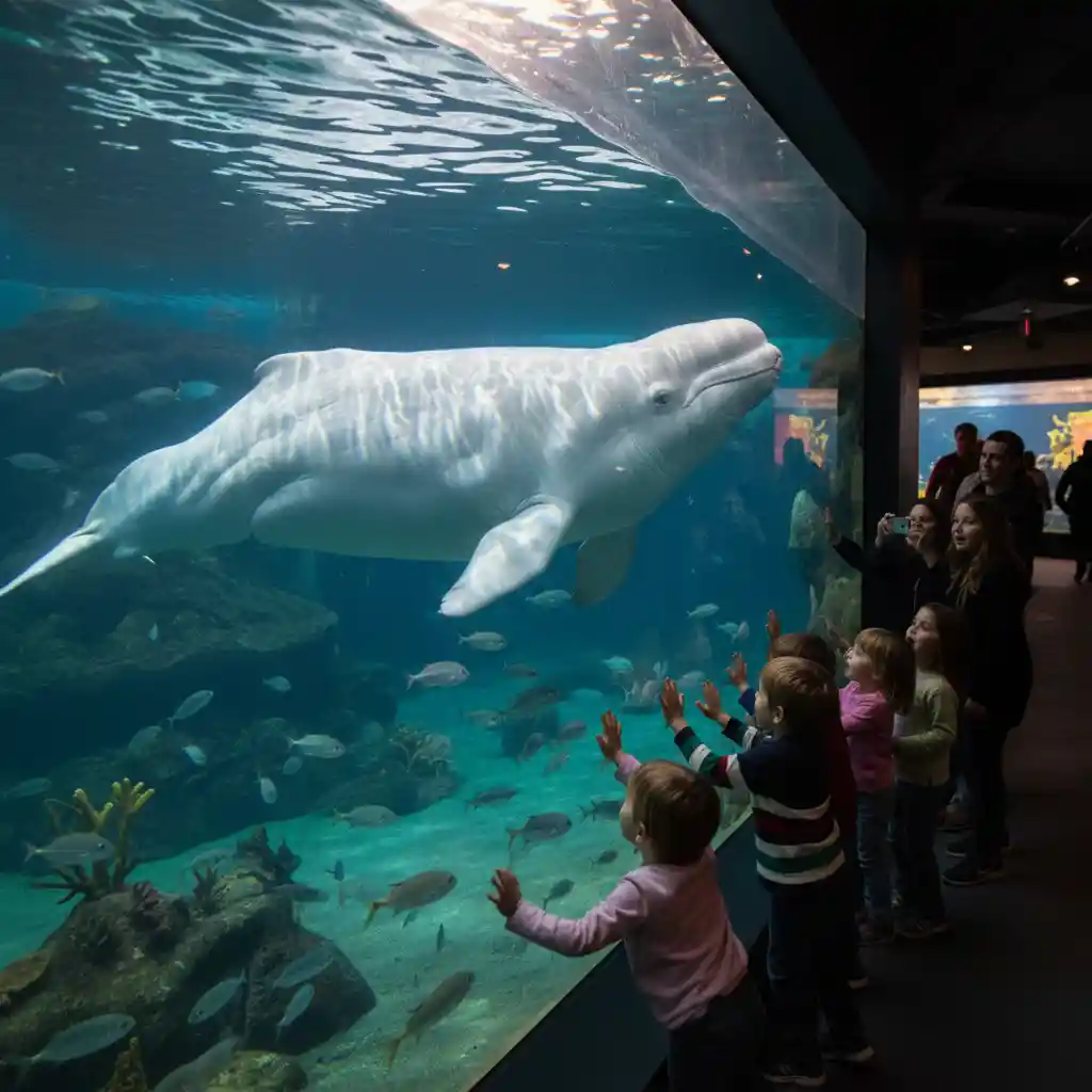 Beluga che scivola in un acquario cristallino davanti ai bambini