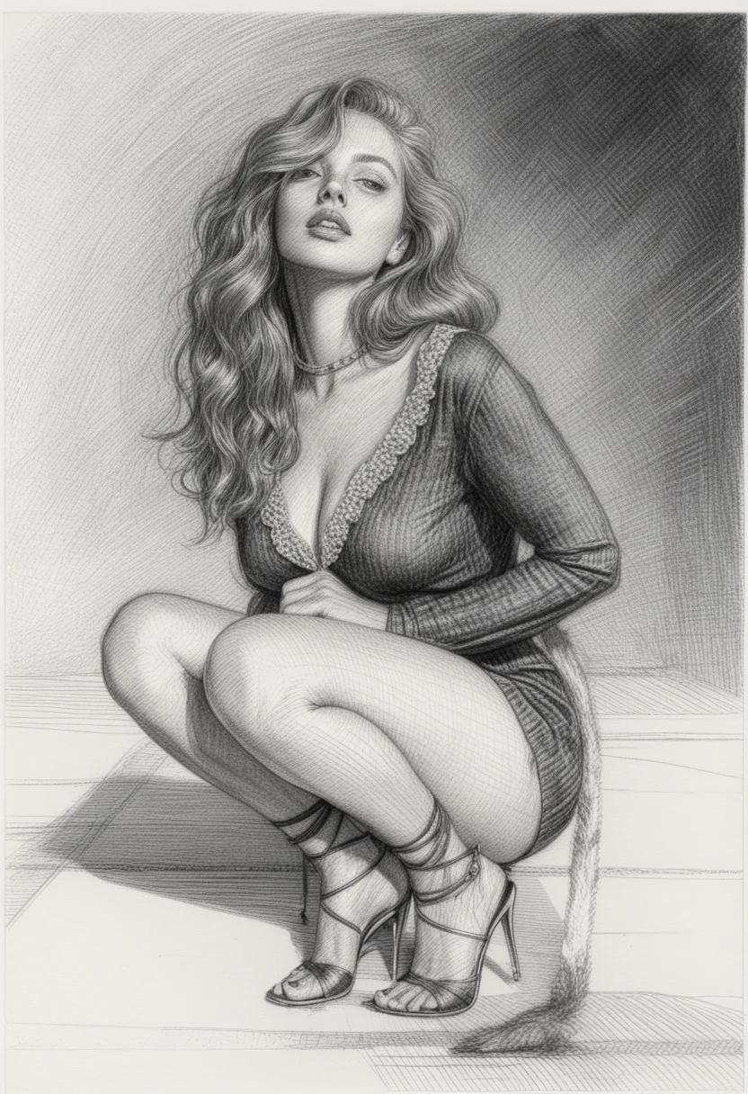 Elegant crouching woman in graphite chiaroscuro night scene