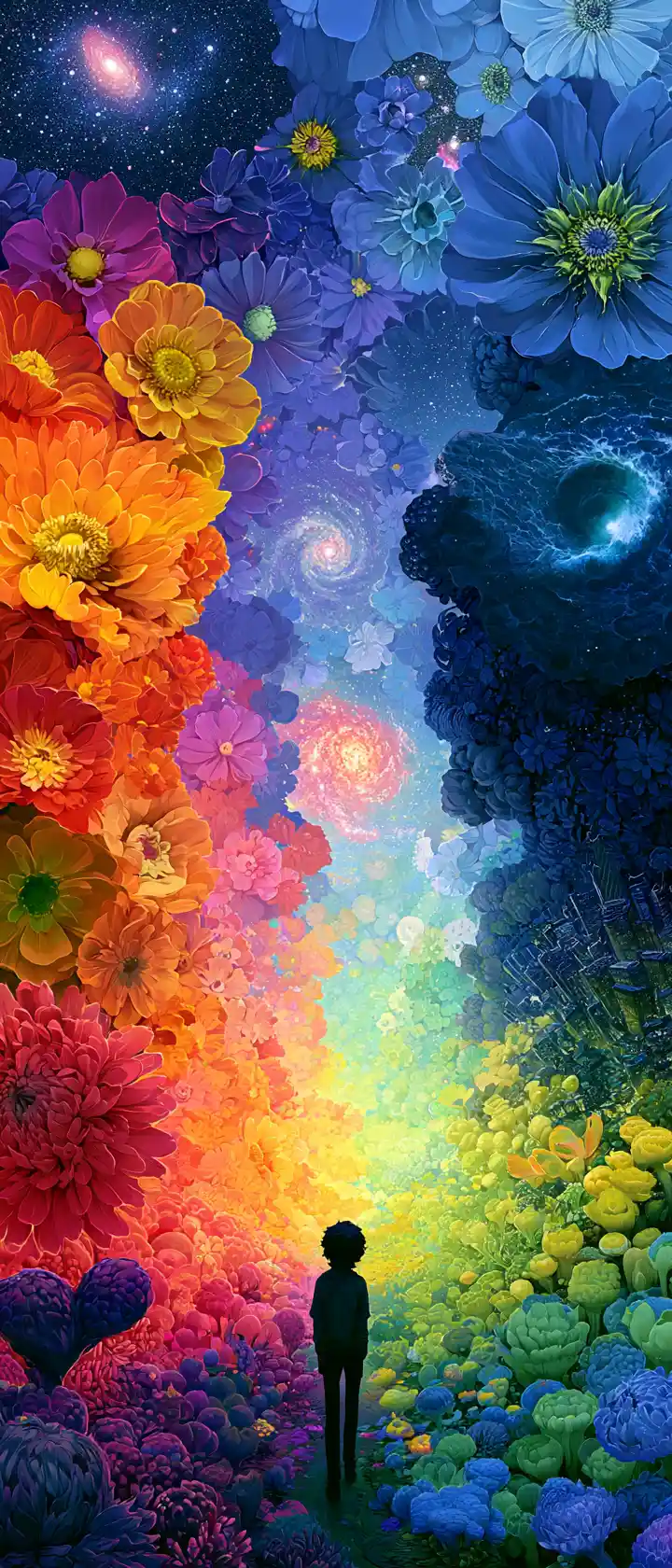 Solitary figure in a towering cosmic flower garden