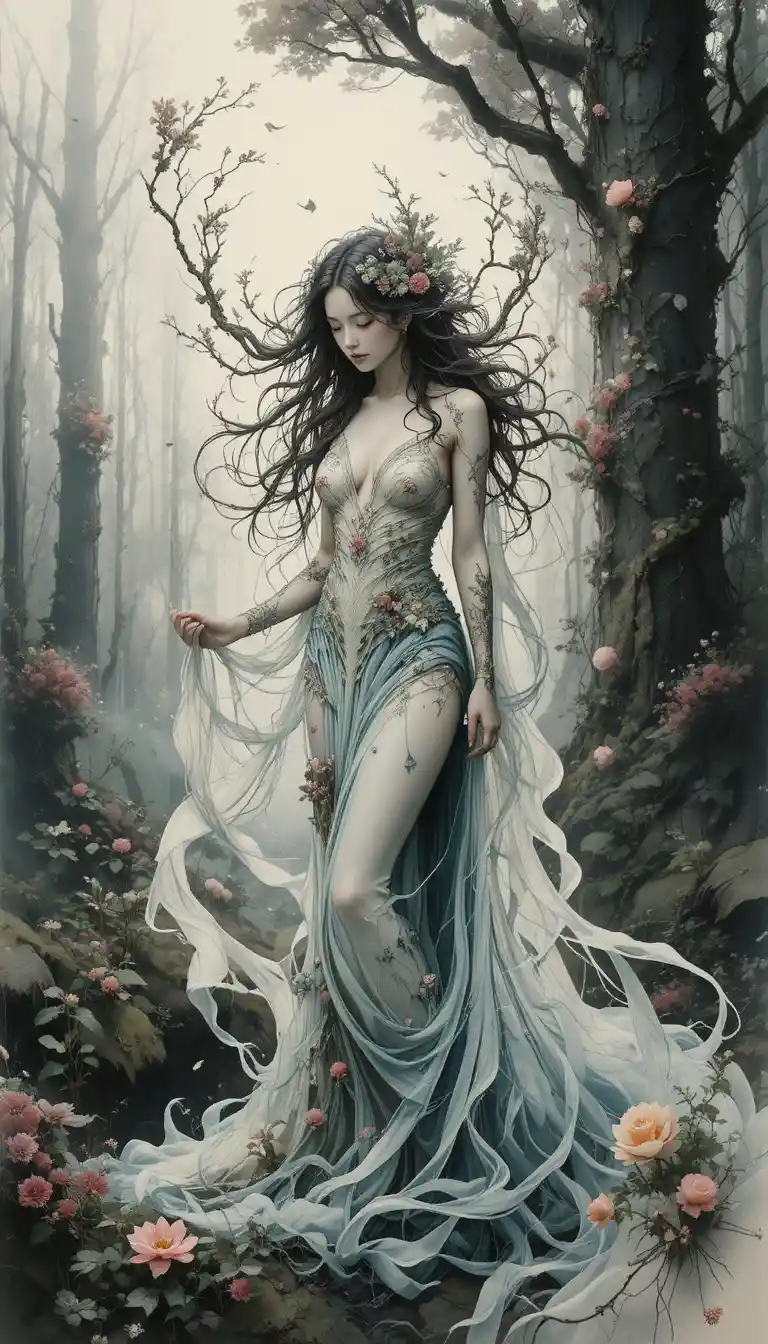 Ethereal Woman In Flowing Garments Within Mystical Forest