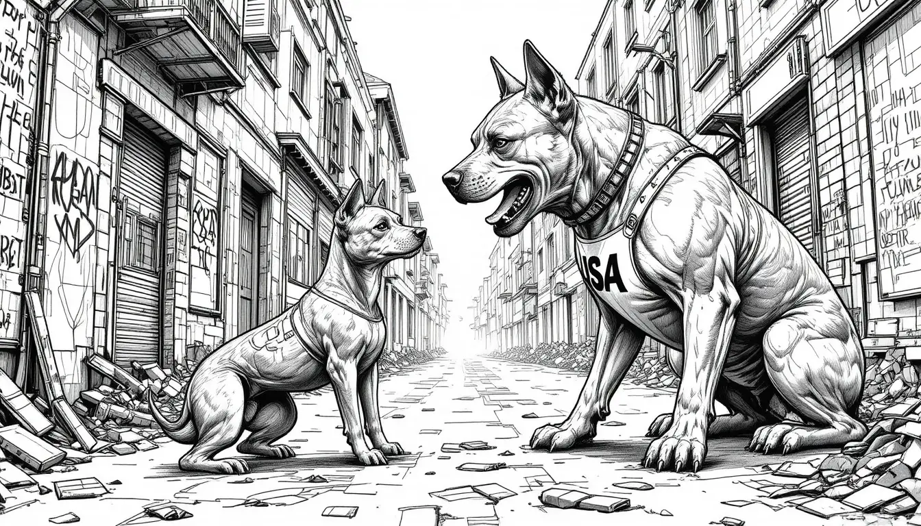 Snarling terrier confronts cowering shepherd in grim alley