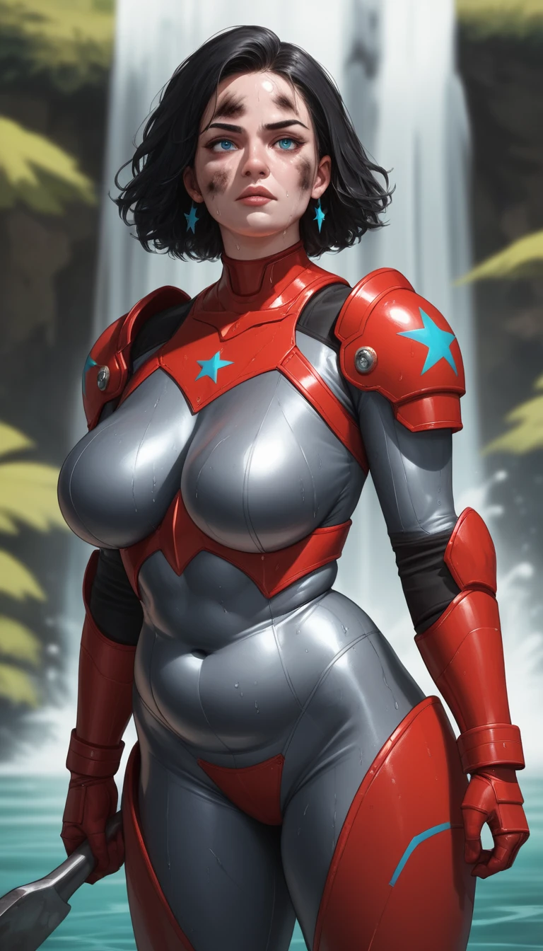 Seductive anime heroine in red armor aboard a starship
