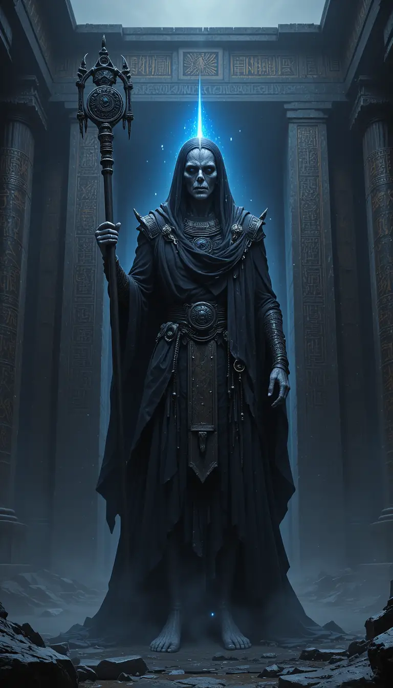 Skeletal dark vizier before the colossal underworld gate