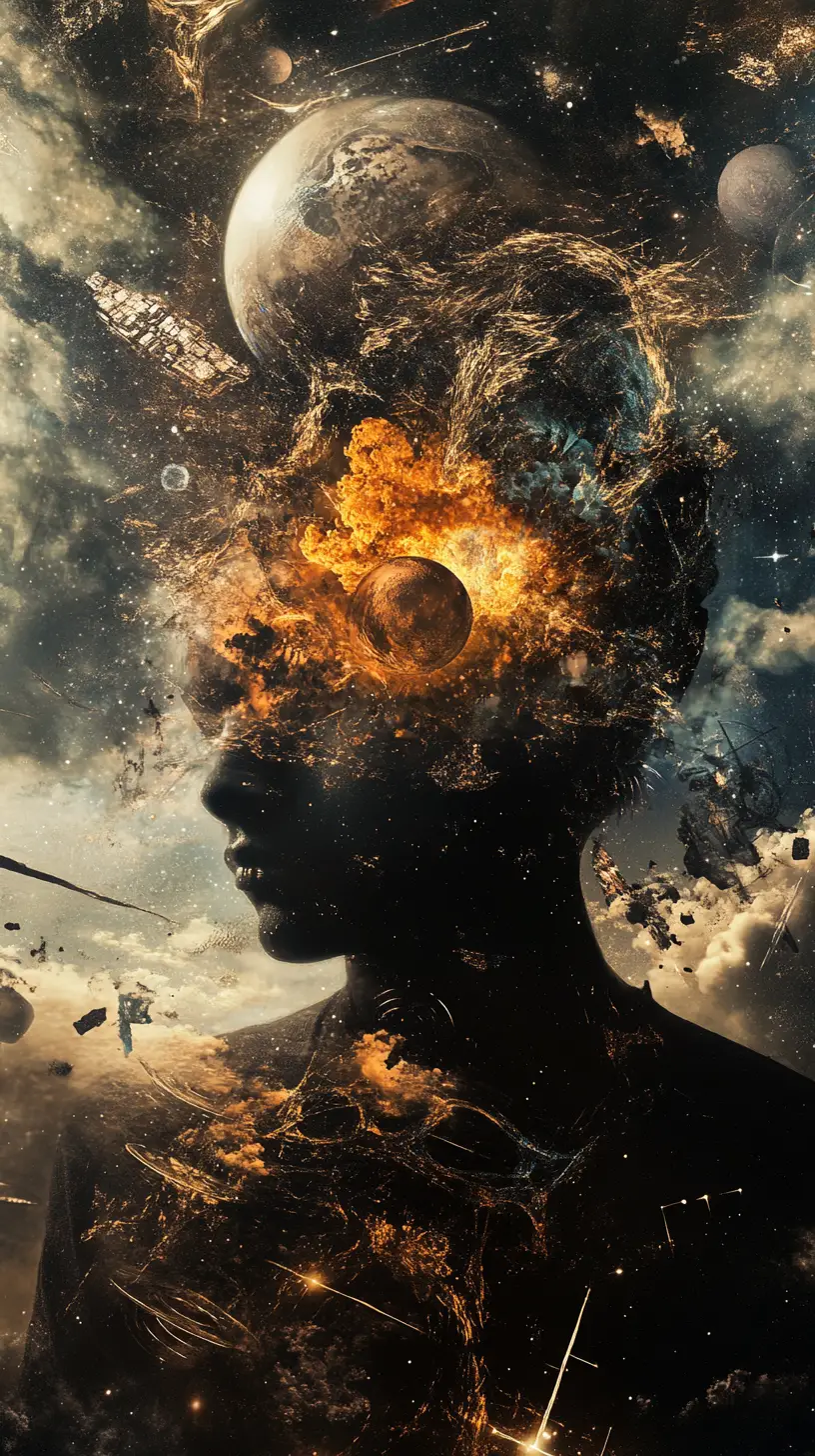 Ominous man with swords in a dark abstract space