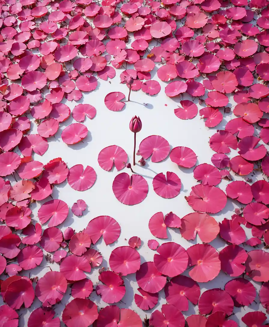 Overhead view of hot pink lily pads on white pond water