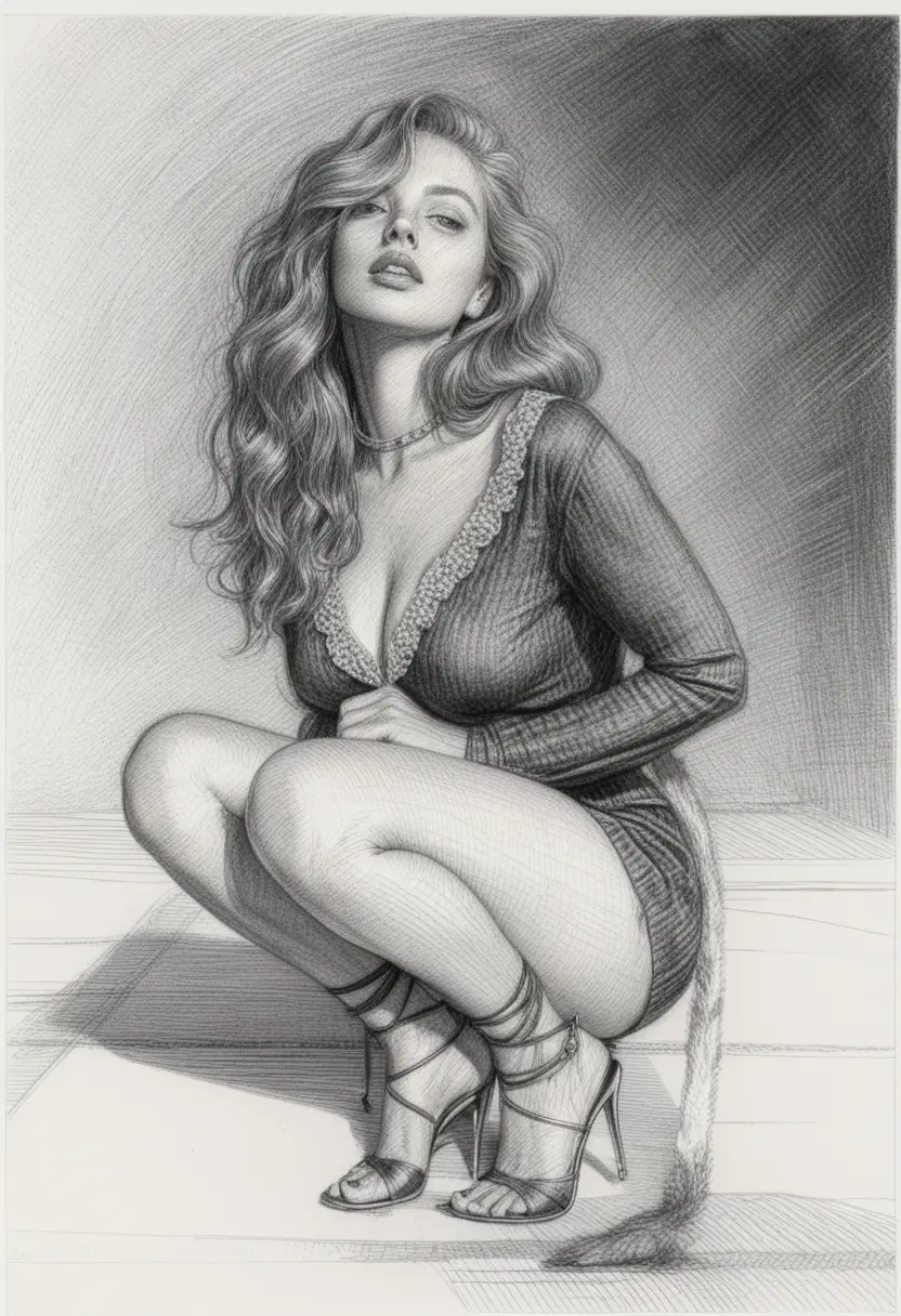 Elegant crouching woman in graphite chiaroscuro night scene
