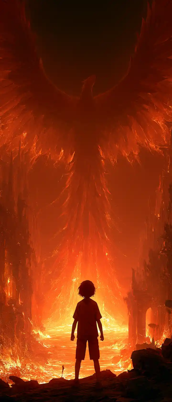 Phoenix Rising Above Golden Ruins With Reaching Child