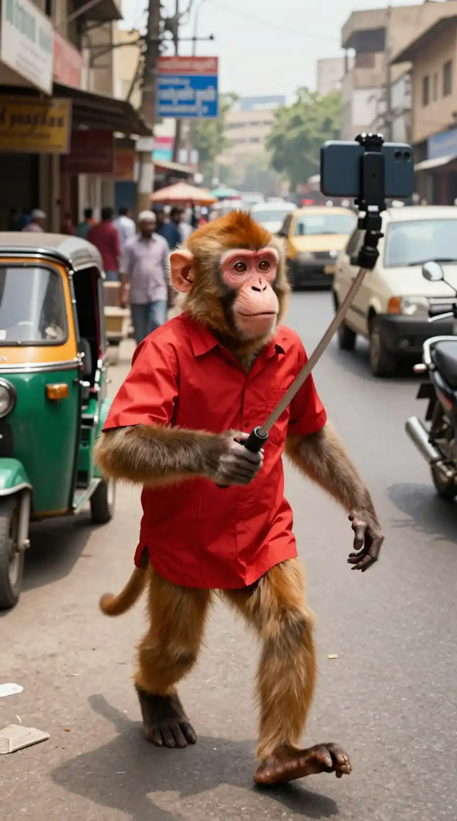 Monkey vlogger walking through busy Karachi city streets
