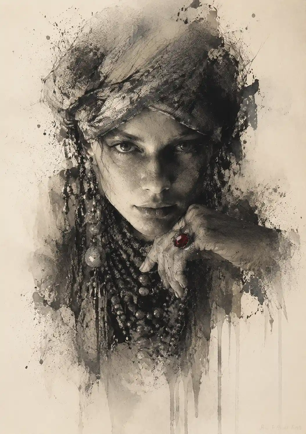 Monochrome ink drawing with crosshatching on aged paper