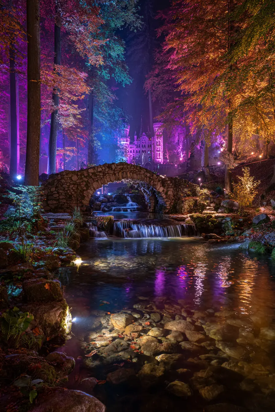 Foresta autunnale incantata con cascate luminose e castello