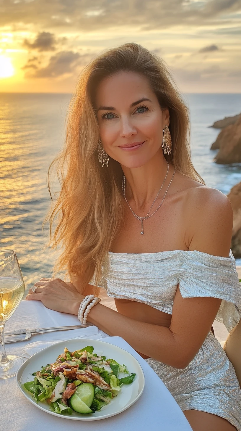 Blonde woman dining by the ocean at golden sunset