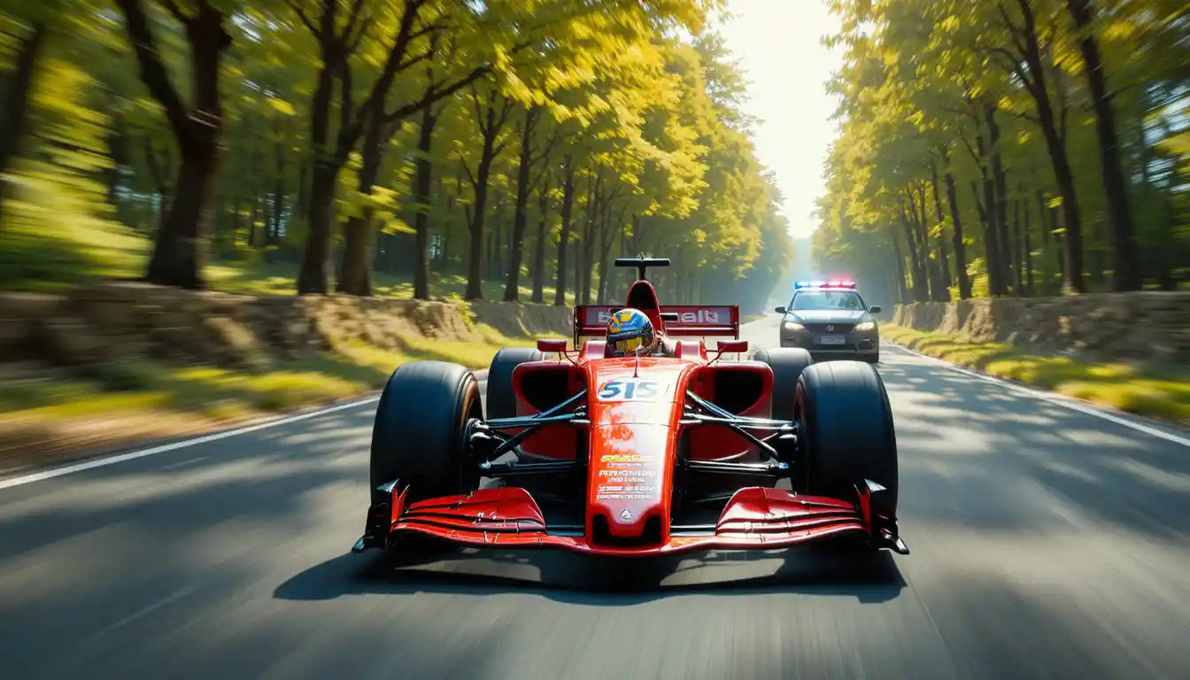 Red formula race car chased by police on sunny road