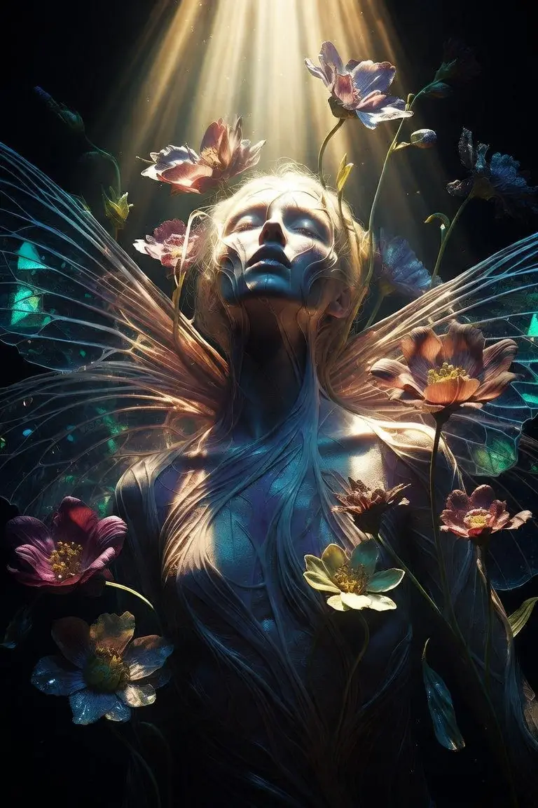 Woman transforming under golden spotlight in surreal garden