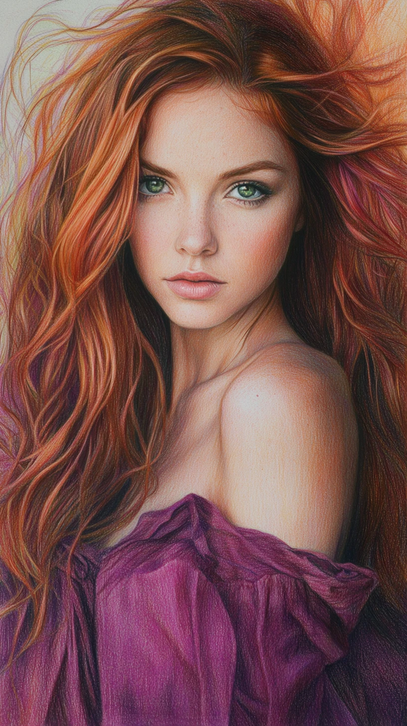 Colored pencil portrait of a woman with emerald green eyes