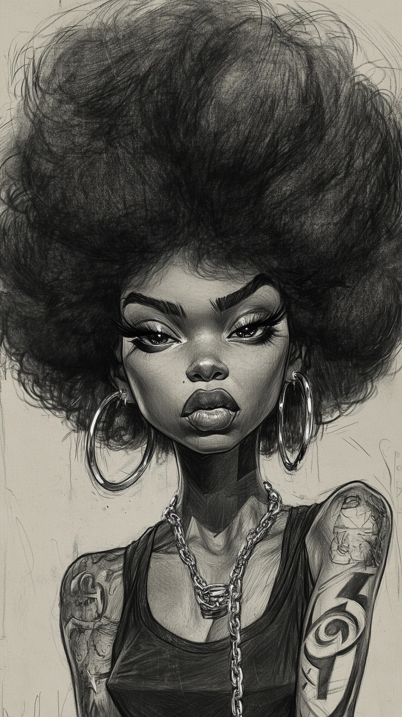 Stylized charcoal portrait of woman with massive curly afro