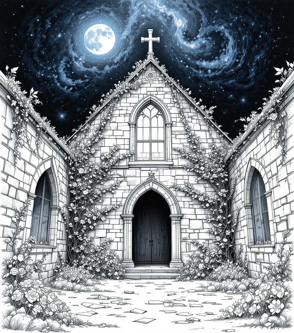 Abandoned moonlit chapel interior in romantic surreal style