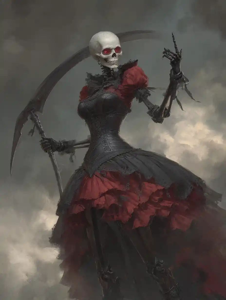 Deathly woman with scythe pointing toward the viewer