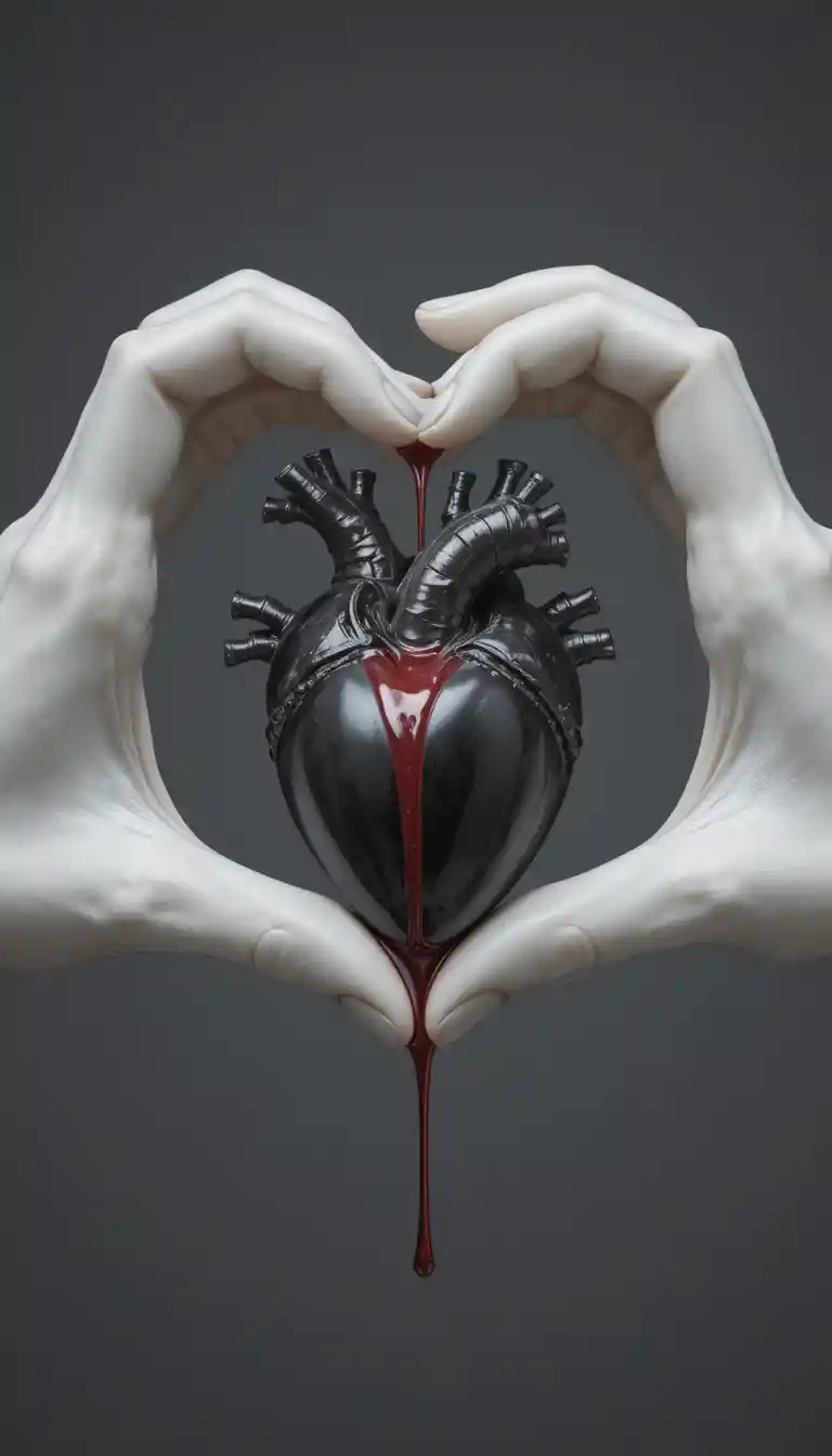 Marble hands forming a heart around a bleeding stone heart