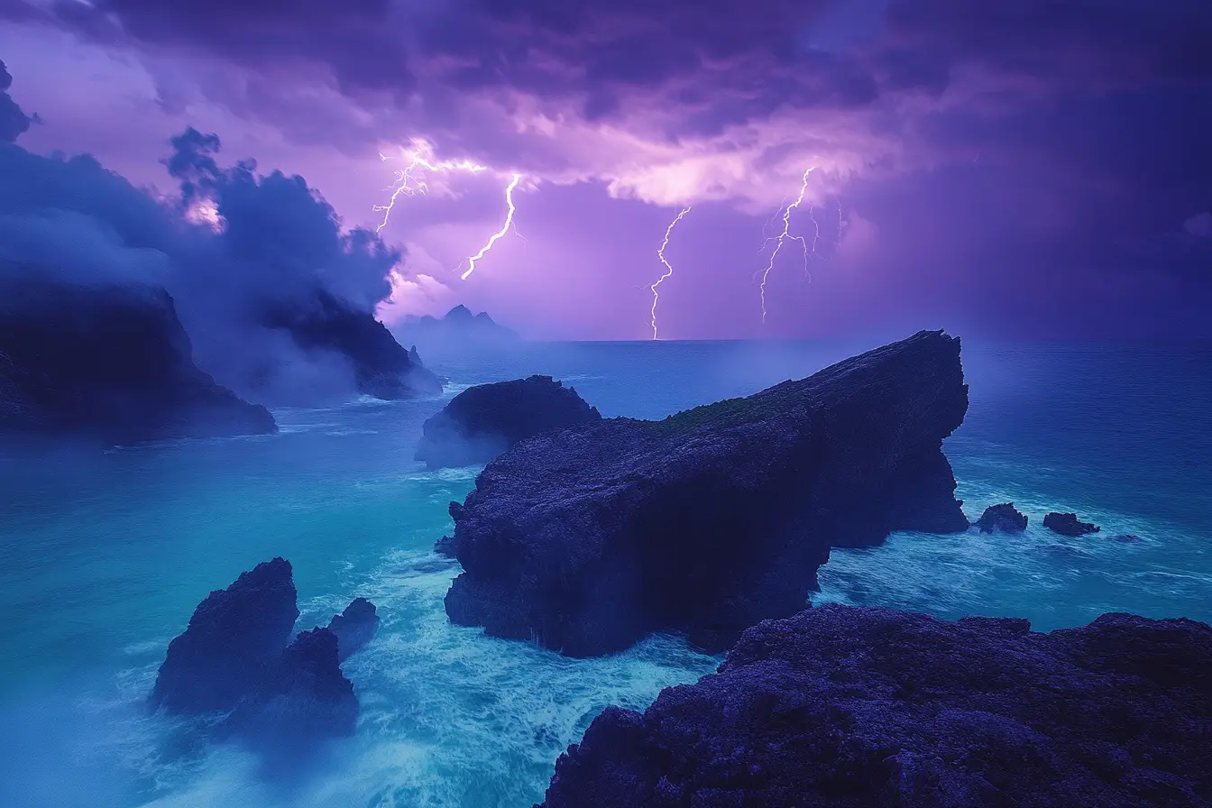 Stormy rocky coastline with lightning over turbulent ocean