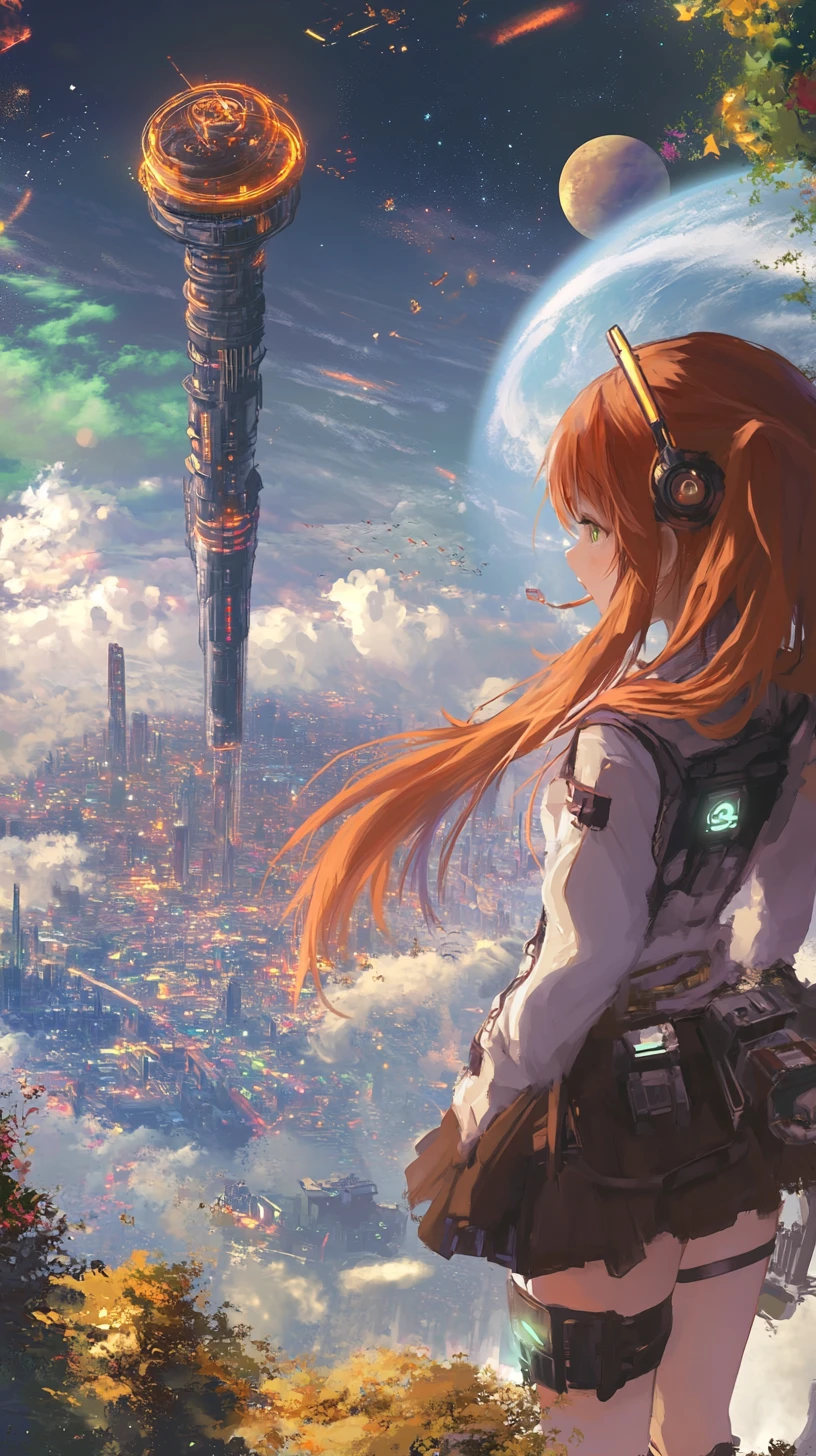 Anime girl floating in deep space with ringed planet