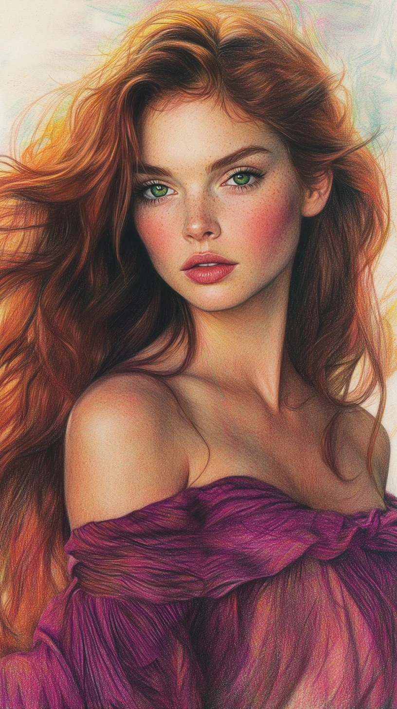 Colored pencil portrait of a girl with green eyes