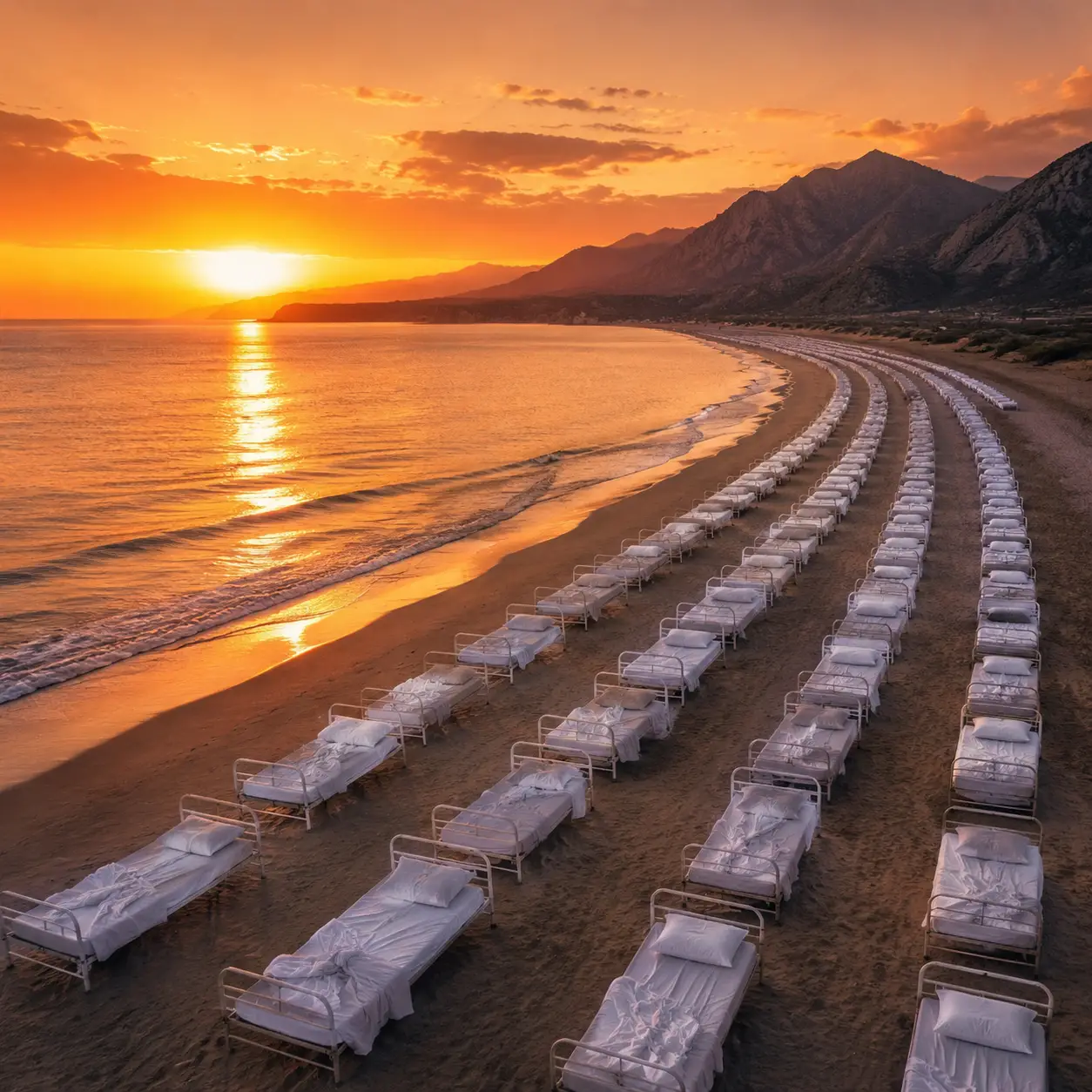 Aerial view of white hospital beds lining a sunset beach